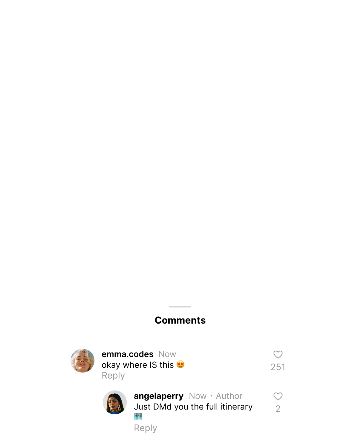 Instagram comment from emma.codes asking location, author com.perry replied with itinerary sent via DM.