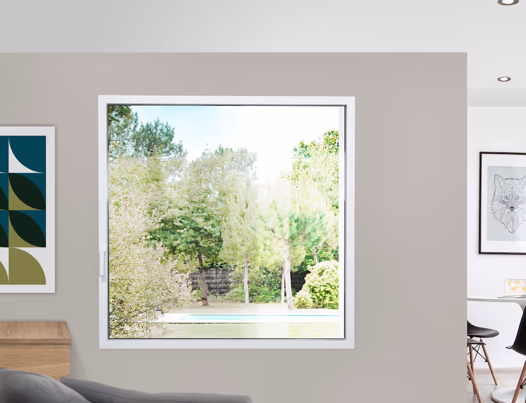 Fenêtre carrée donnant sur un jardin avec des arbres verts et une piscine.