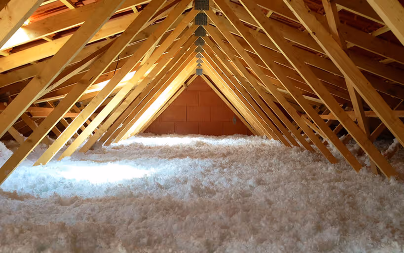 Combles d'une maison avec isolation en flocons blancs et charpente en bois visible.