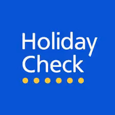 Holiday Check logo with white text on blue background and five yellow dots underneath.