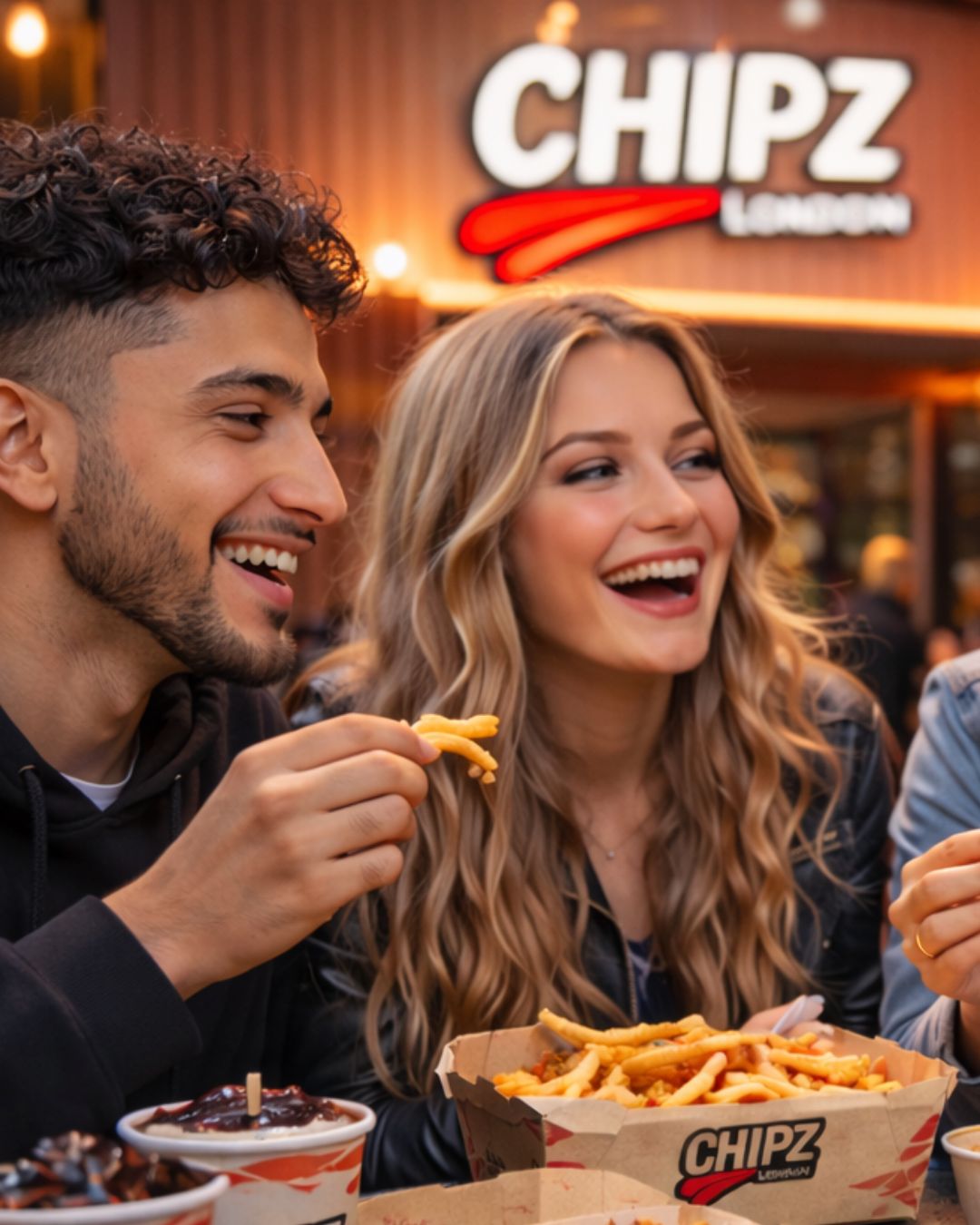 Friends enjoying London style chips and street food at CHIPZ London restaurant in Cairo