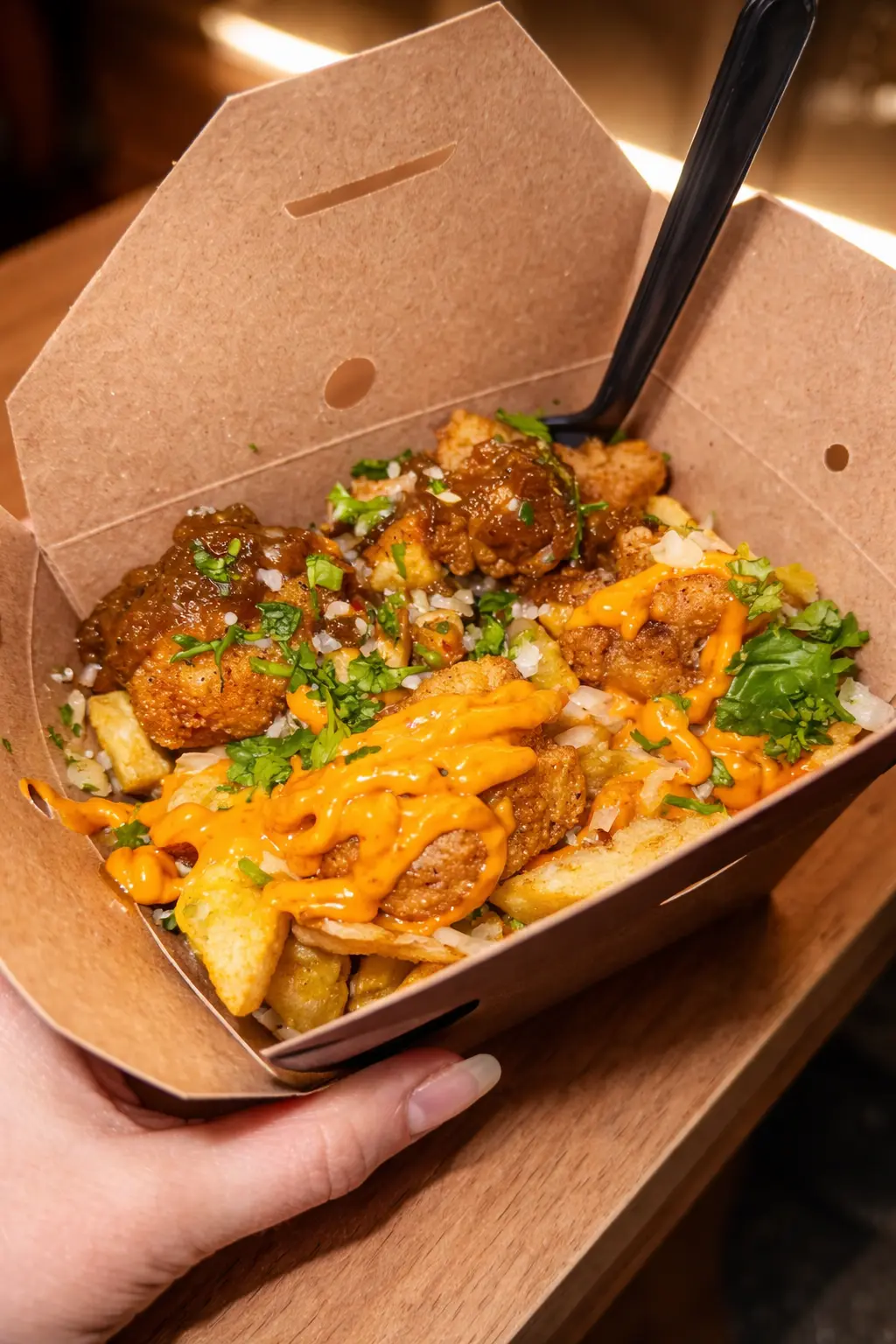 London style fish and chips box with dessert gold and kiss from london sauces at CHIPZ London Cairo