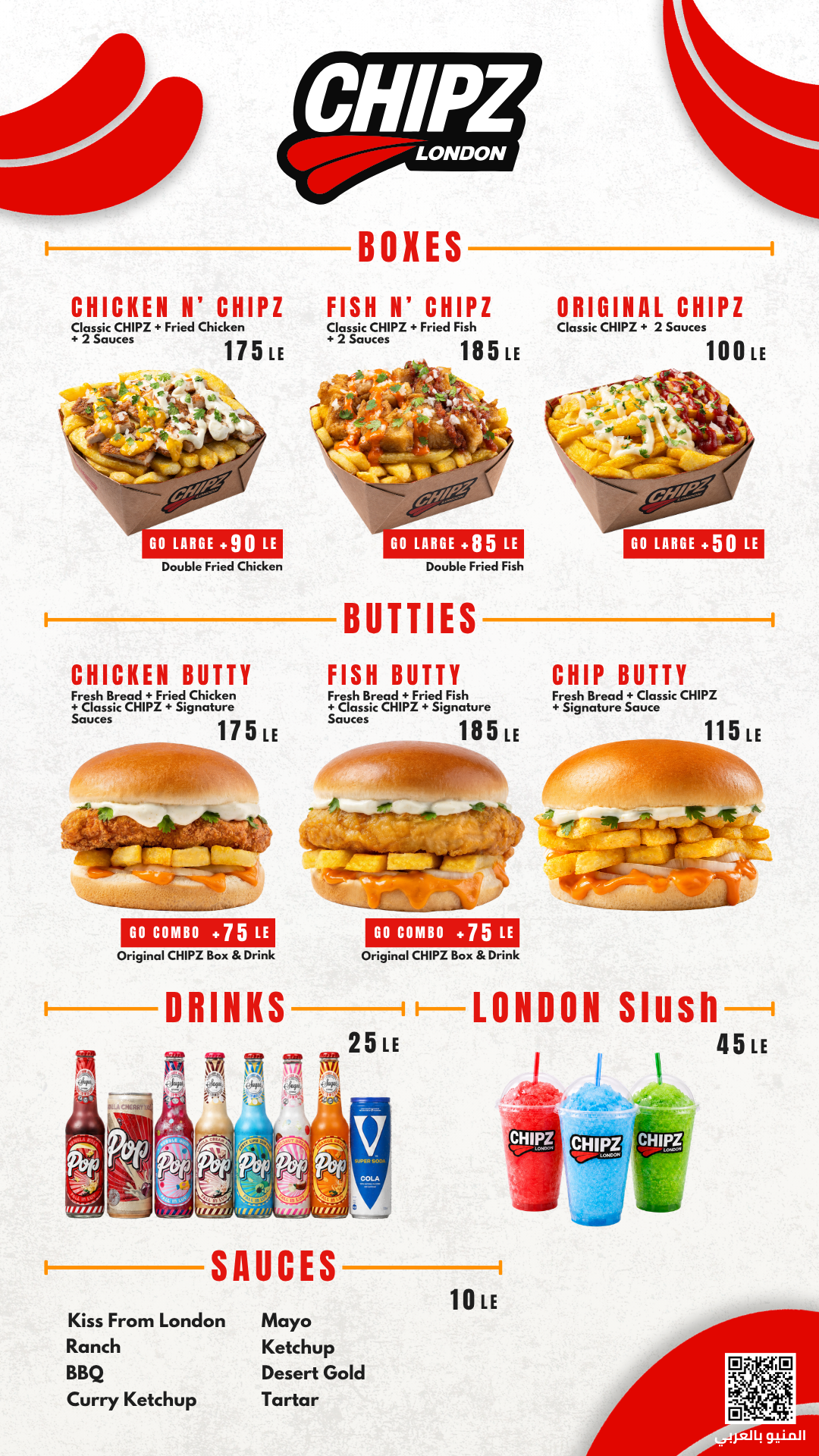 CHIPZ London menu featuring fish and chips chicken and signature sauces