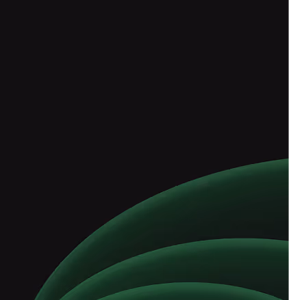 Abstract dark background with layered green curved shapes in the bottom right corner.