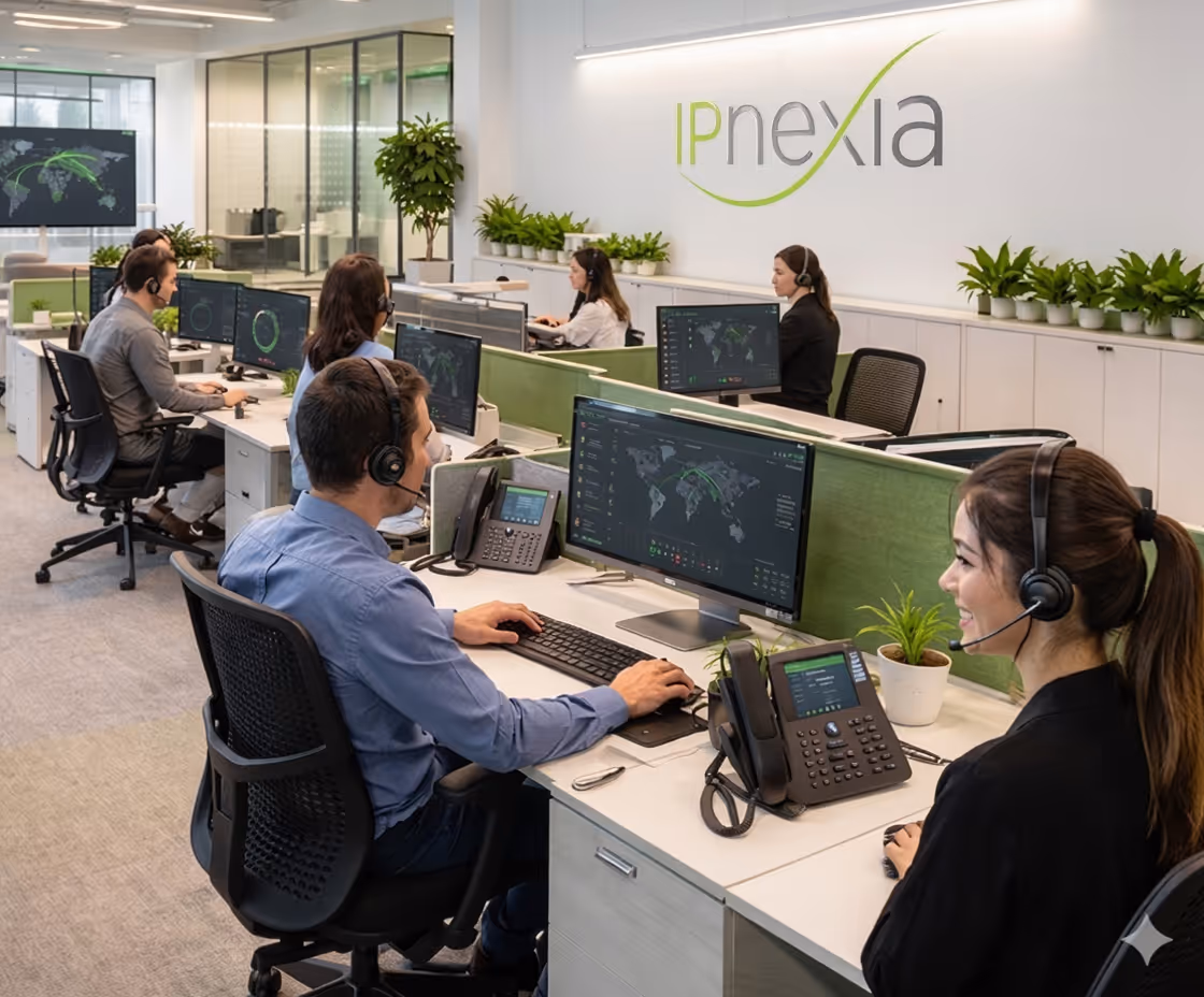 Office space with employees wearing headsets working at desks with multiple monitors and IPnexia logo on wall.