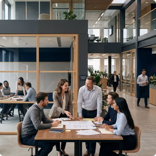Diverse office workers wearing headsets, collaborating and working on laptops in a modern open-plan office with glass walls and a server rack.