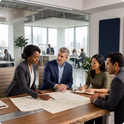 Diverse office workers wearing headsets, collaborating and working on laptops in a modern open-plan office with glass walls and a server rack.