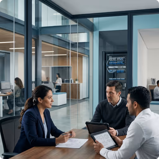Diverse office workers wearing headsets, collaborating and working on laptops in a modern open-plan office with glass walls and a server rack.