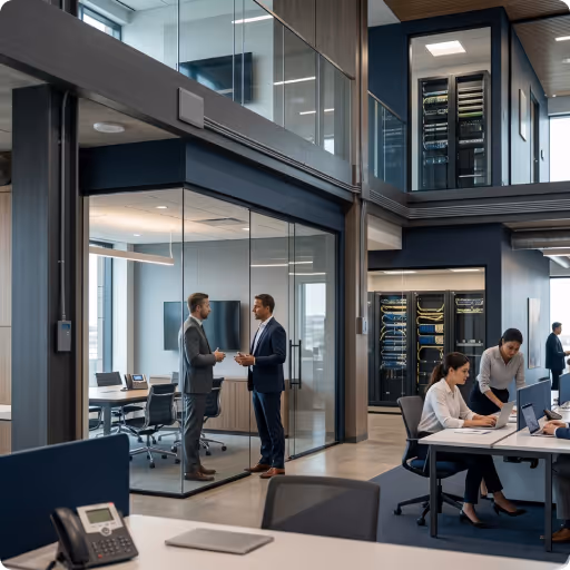 Diverse office workers wearing headsets, collaborating and working on laptops in a modern open-plan office with glass walls and a server rack.