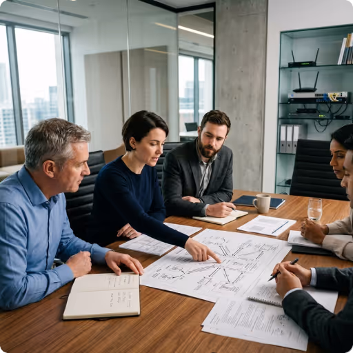 Diverse office workers wearing headsets, collaborating and working on laptops in a modern open-plan office with glass walls and a server rack.