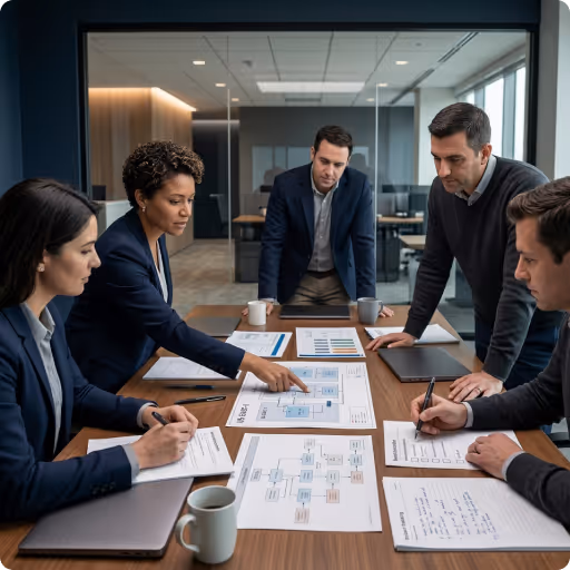 Diverse office workers wearing headsets, collaborating and working on laptops in a modern open-plan office with glass walls and a server rack.