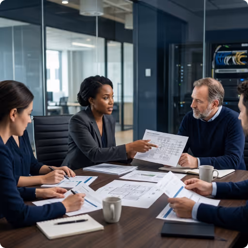 Diverse office workers wearing headsets, collaborating and working on laptops in a modern open-plan office with glass walls and a server rack.
