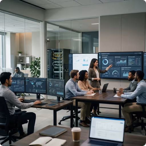 Diverse office workers wearing headsets, collaborating and working on laptops in a modern open-plan office with glass walls and a server rack.