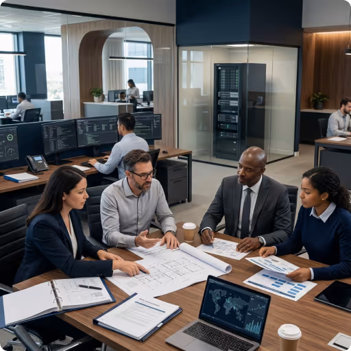 Diverse office workers wearing headsets, collaborating and working on laptops in a modern open-plan office with glass walls and a server rack.