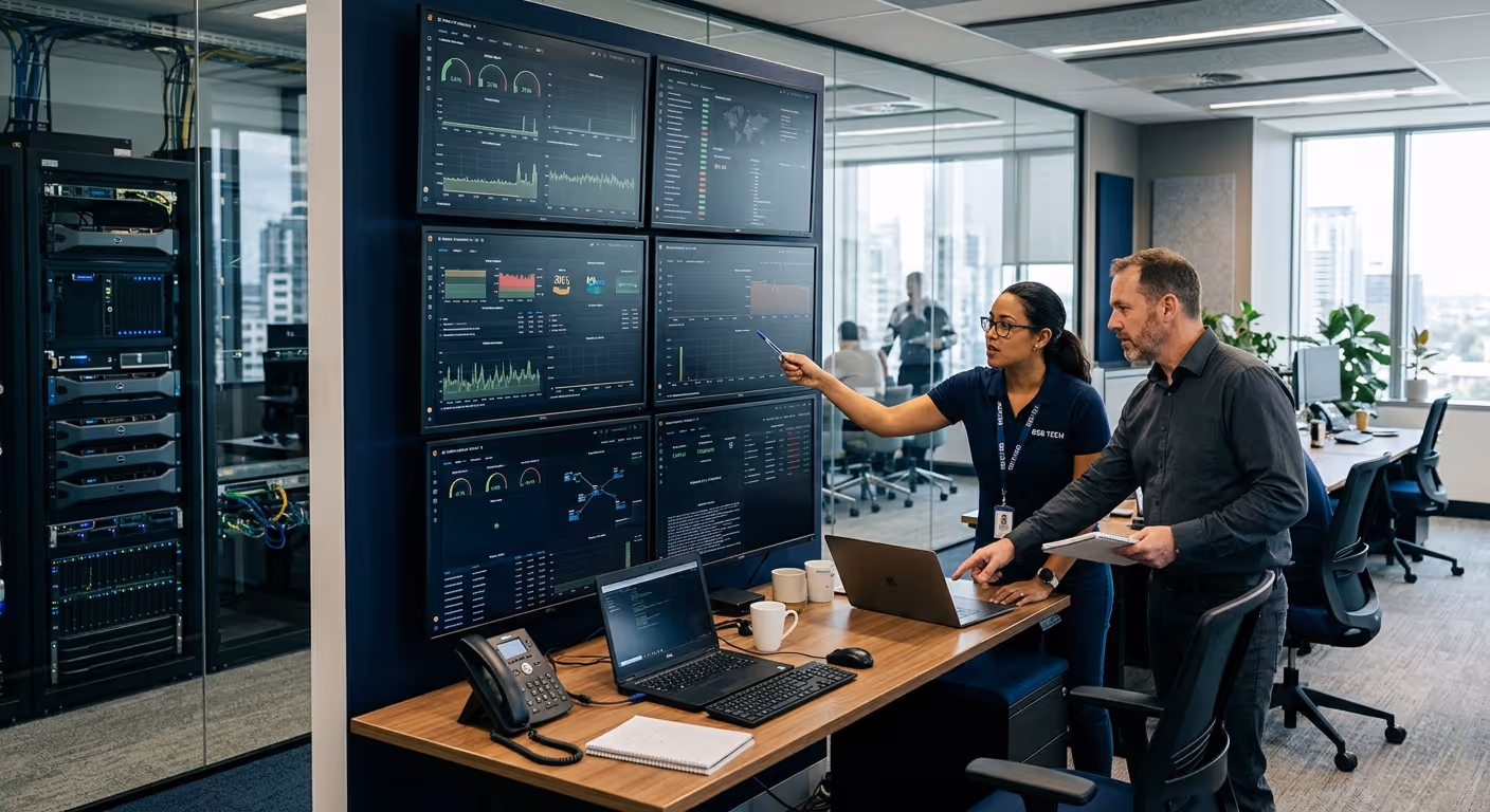 Diverse office workers wearing headsets, collaborating and working on laptops in a modern open-plan office with glass walls and a server rack.