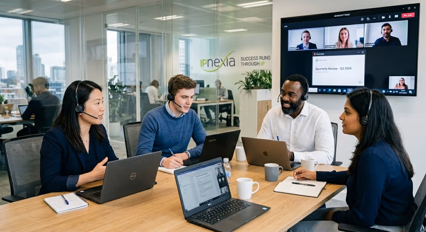 Diverse office workers wearing headsets, collaborating and working on laptops in a modern open-plan office with glass walls and a server rack.