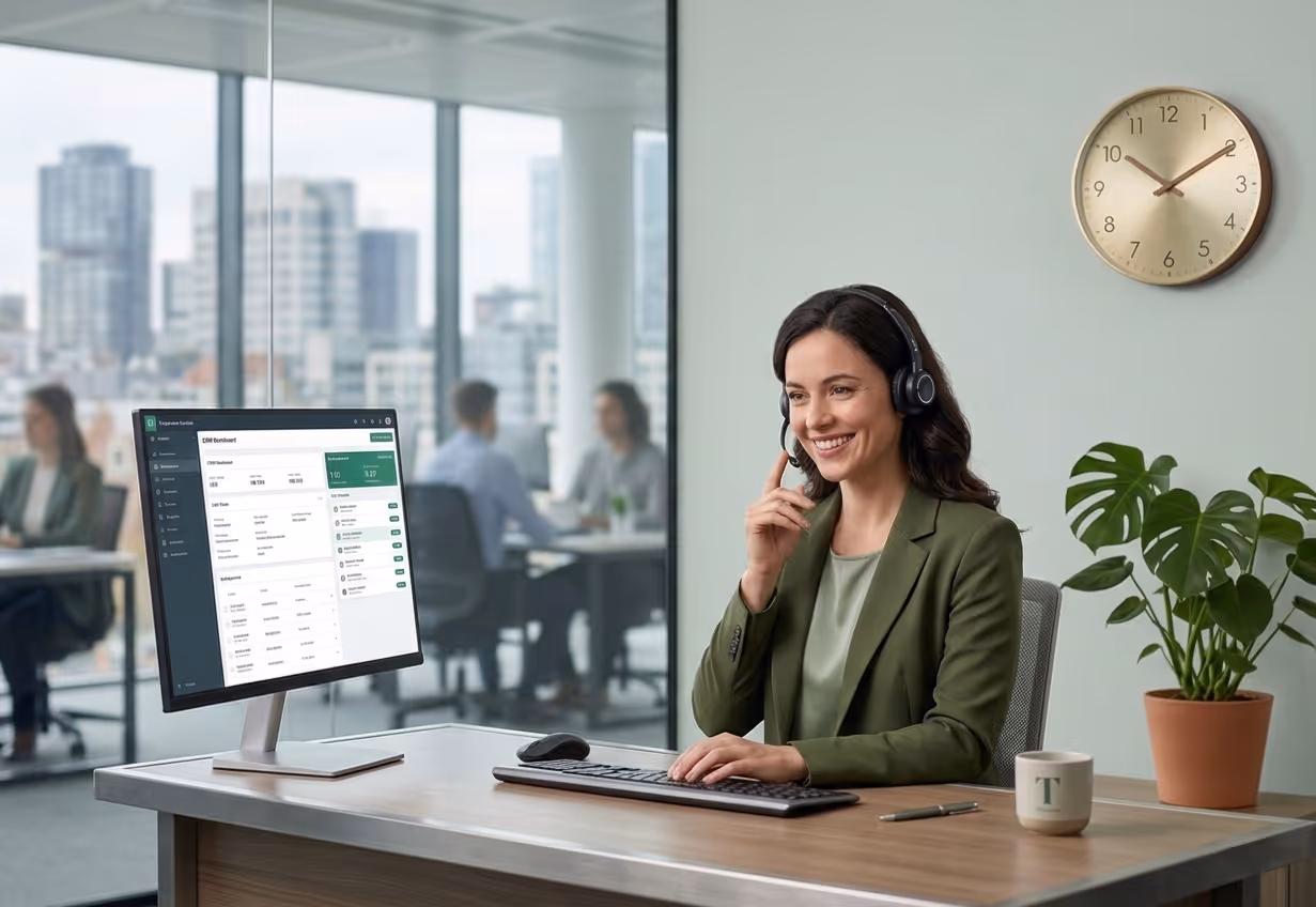 Smiling woman in headset working at desk with computer, plant, and clock in modern office.