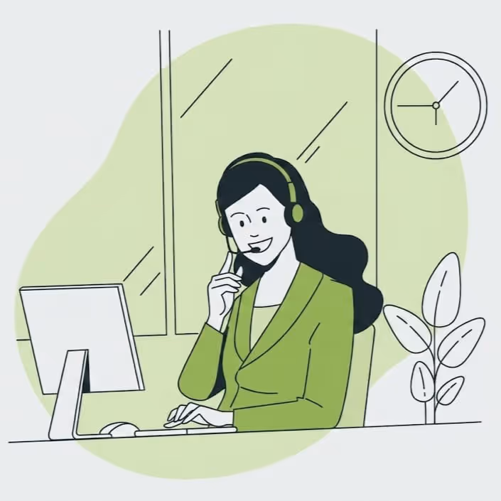 Illustration of a woman with a headset at a computer offering 24/7 service in an office setting.