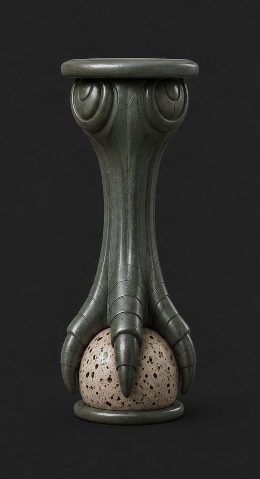 An isolated render of a tall, narrow patinated cast aluminium claw leg gripping a small speckled egg, on a dark background.
