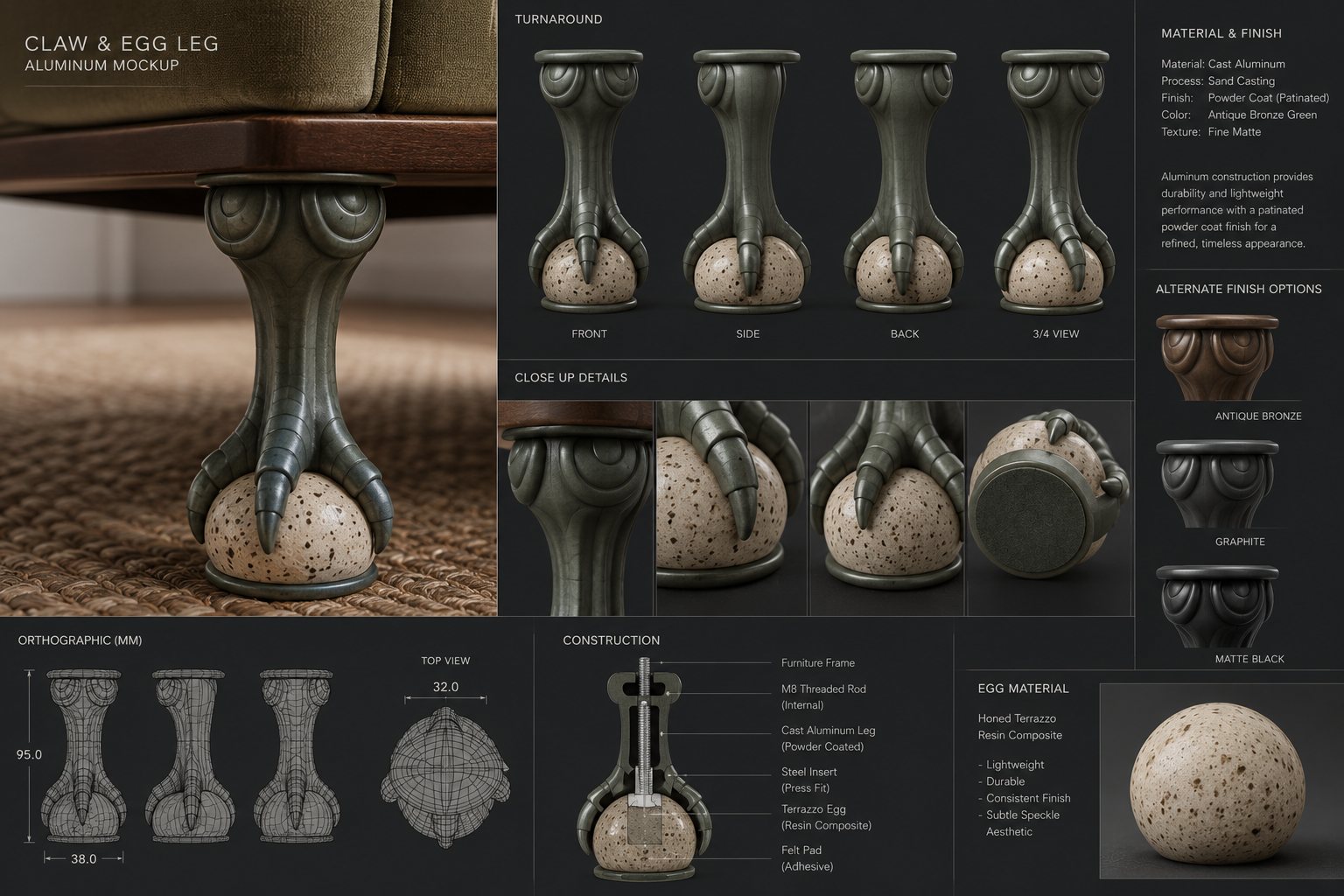 An aluminium mockup board showing the leg installed under a sofa, turnarounds, finish options and a construction section.