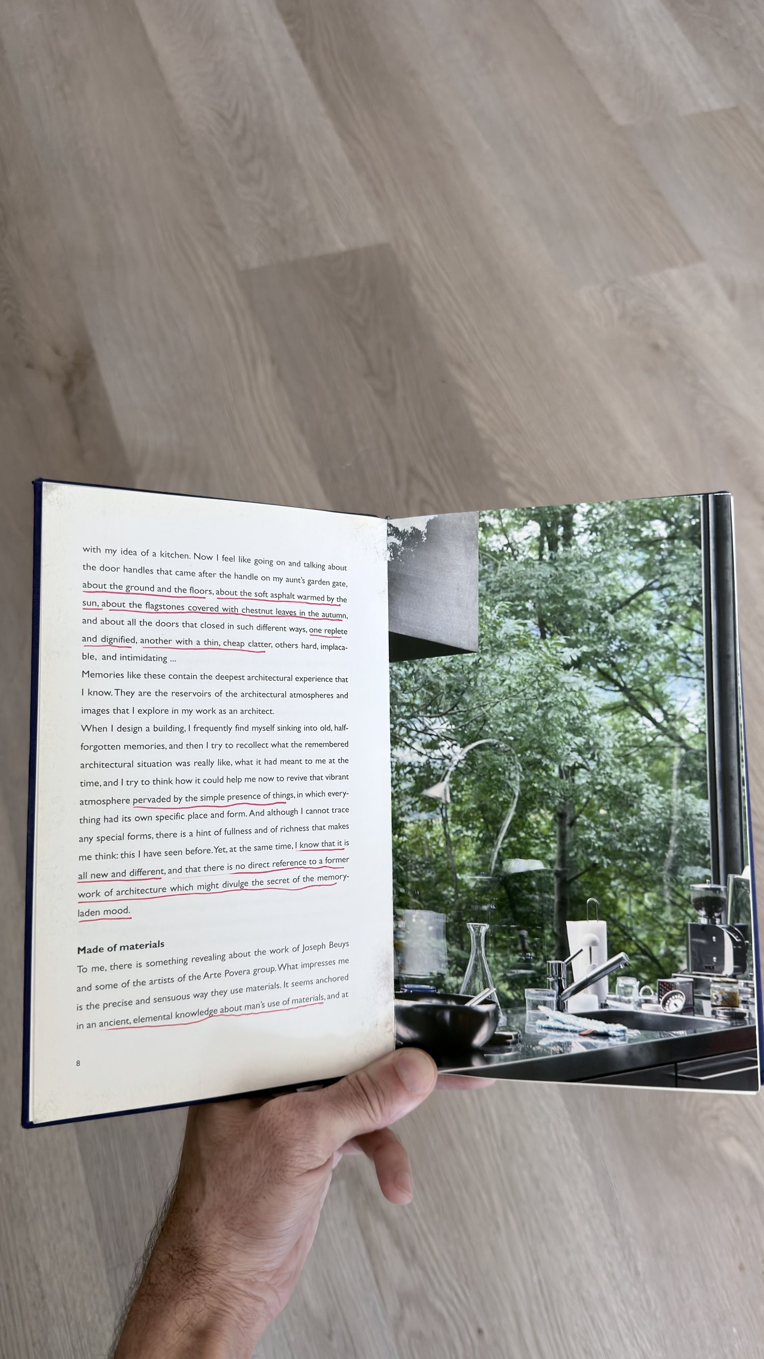 An open spread of Thinking Architecture, page eight, with red underlining through the passage on Joseph Beuys and Arte Povera.