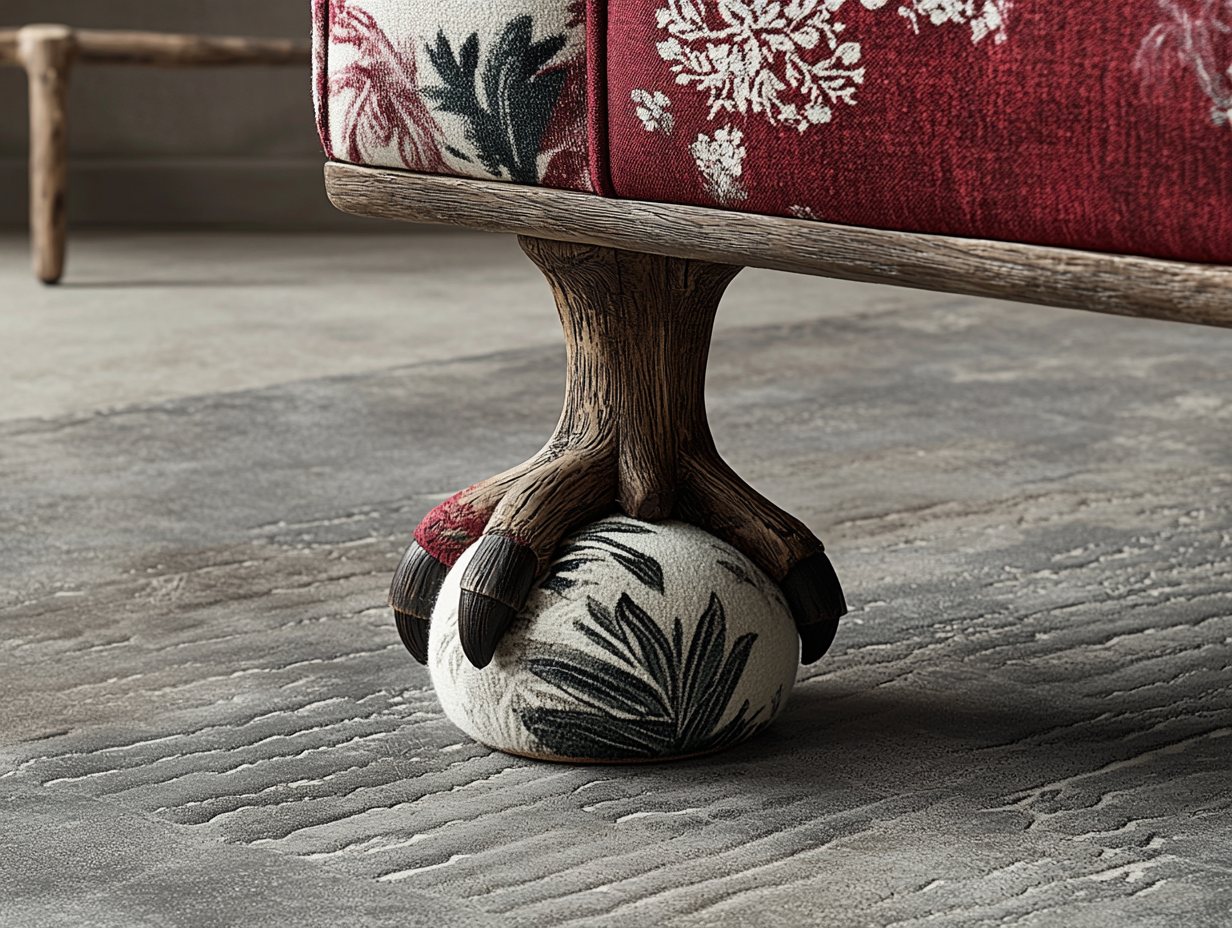 A render in which the egg beneath the claw is upholstered in the same patterned fabric as the sofa above it.