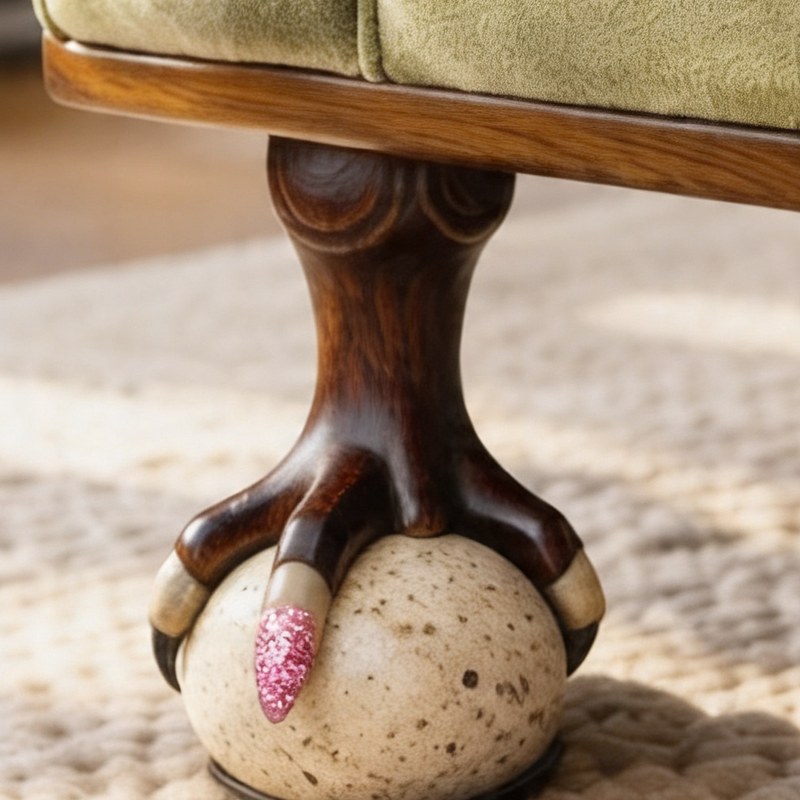 A carved raptor claw resting on a speckled egg beneath an olive sofa, the front talon painted in pink glitter.