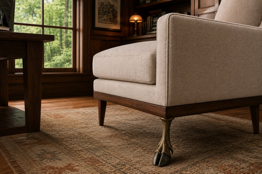A cream sofa on a patterned rug in a wood-paneled room, one leg terminating in a cast brass deer foot with dark cloven hooves.