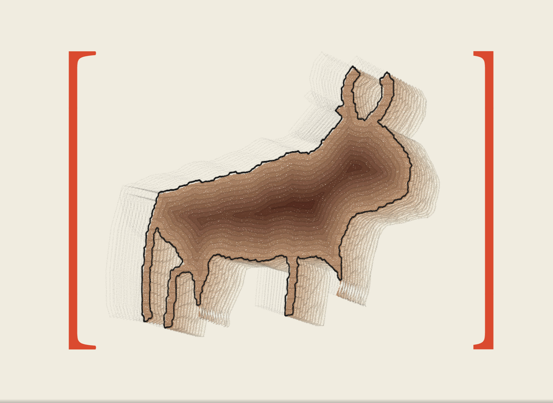 The aurochs in particles, standing between two vermilion brackets above the slot.