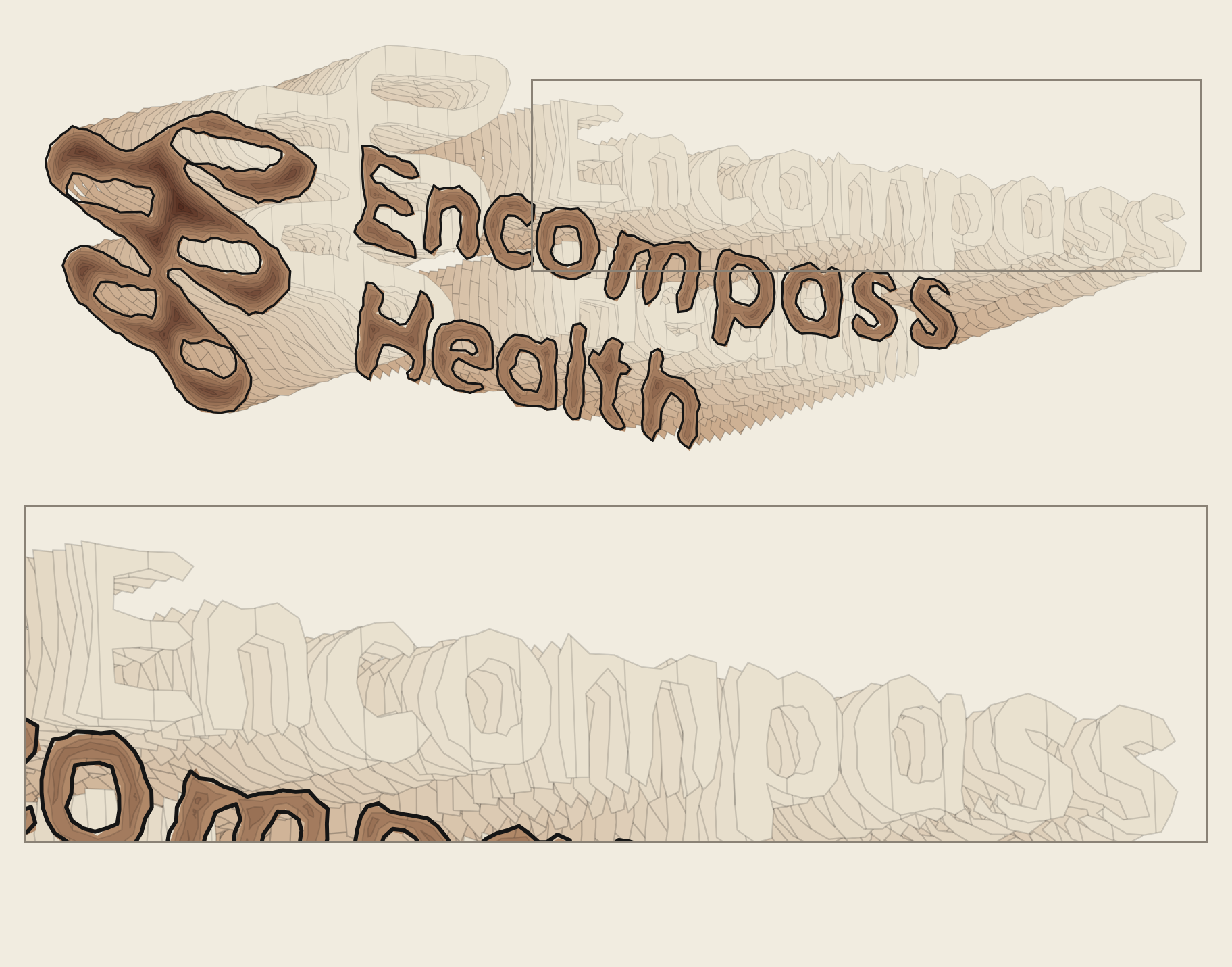 The Encompass Health mark turned into a stack, a second Encompass appearing at its far end; below, that far end enlarged.