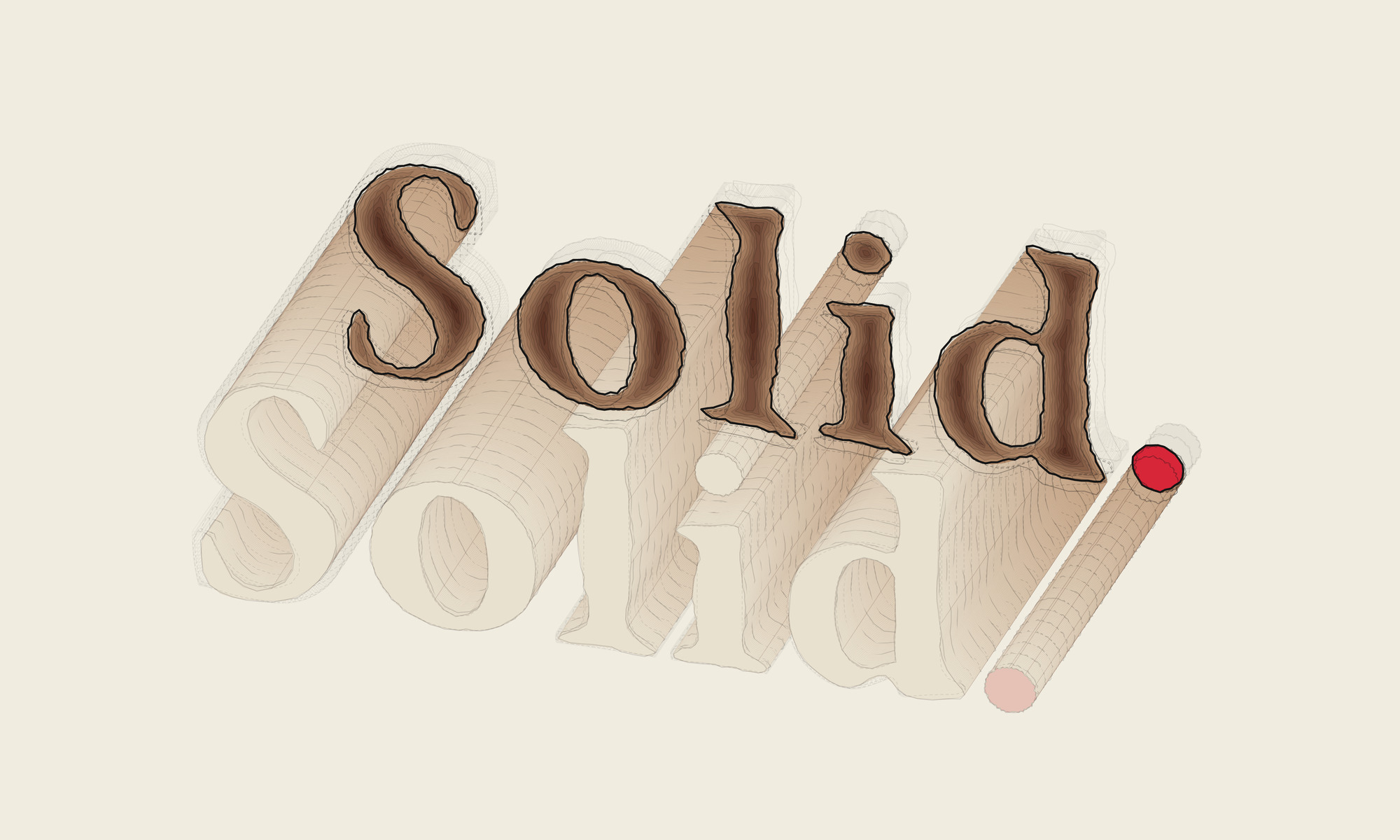The word “Solid.” run through the instrument: the letters cut dark at the plane, their bodies running back on a diagonal, and the word again, pale, at the far end.