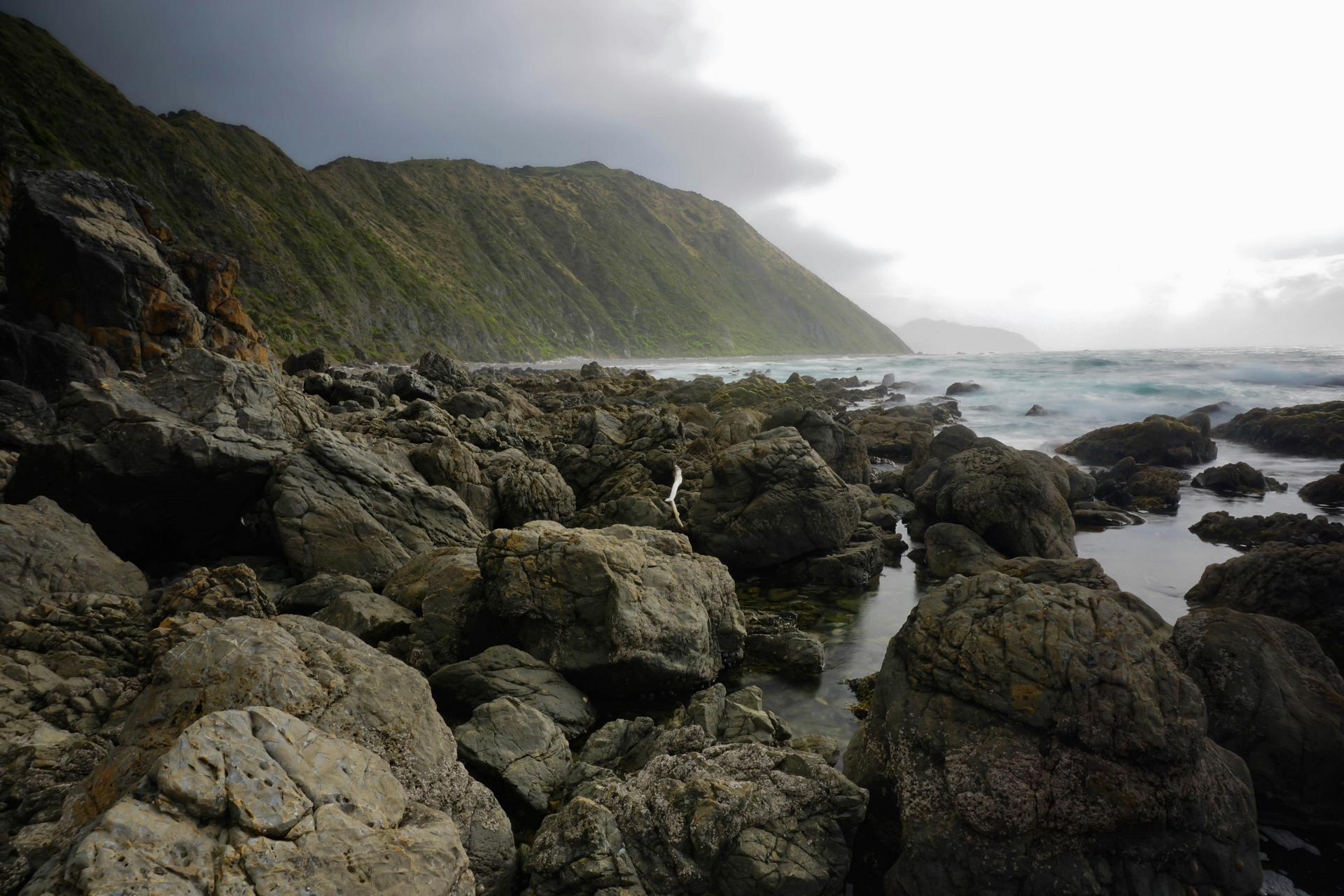 Rocky coastal shoreline with large boulders and steep green hills under a cloudy sky.