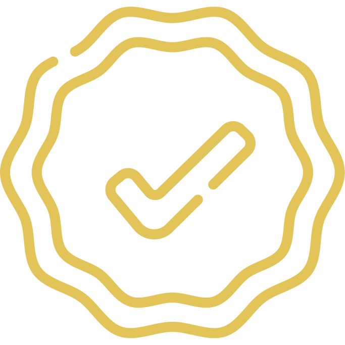 Gold outline of a wavy circular badge with a checkmark inside.