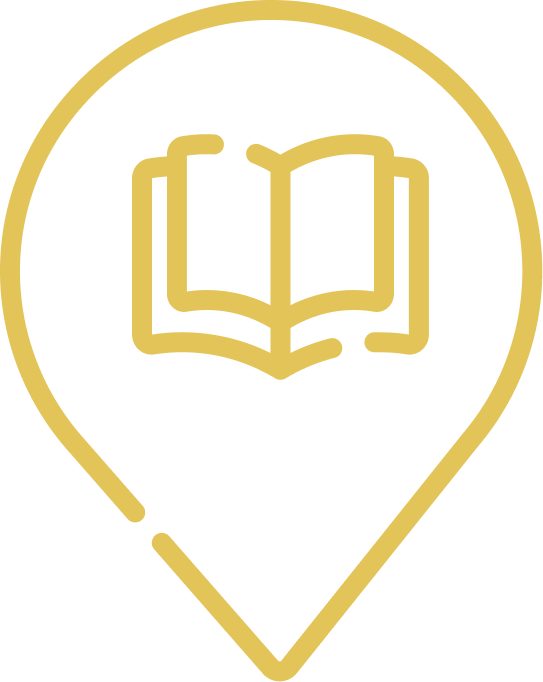 Yellow line icon of an open book inside a location pin marker.