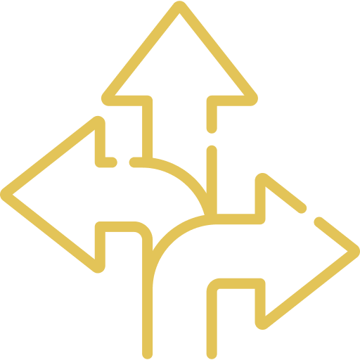 Icon of three yellow arrows pointing left, up, and right, connected at the base symbolizing flexibility.