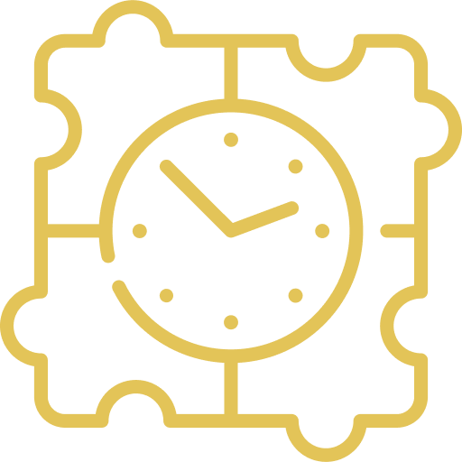 Clock icon integrated within four interlocking puzzle pieces.
