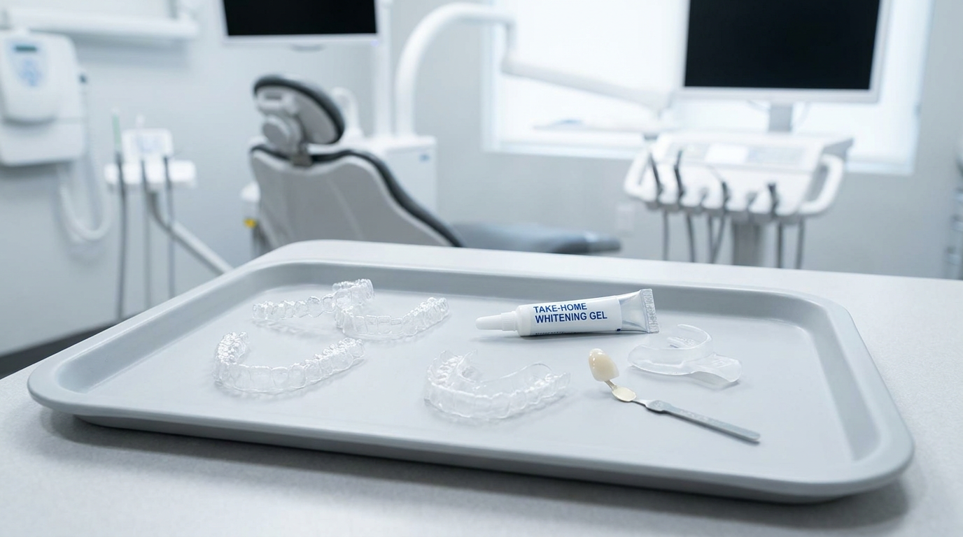 A tray displays clear Invisalign aligners, take-home whitening gel, a custom tray, and a porcelain veneer sample.