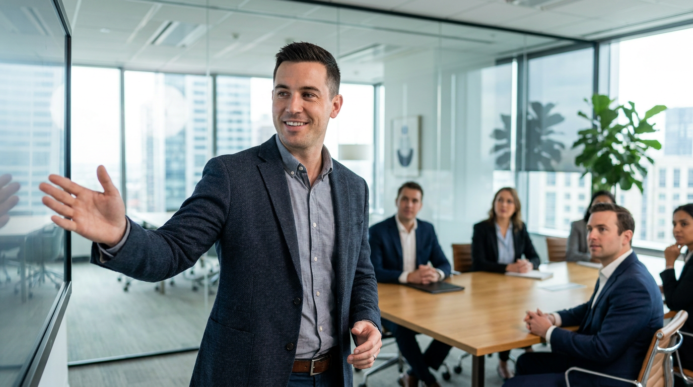 Brian confidently gives a presentation in a modern conference room, smiling easily while gesturing.