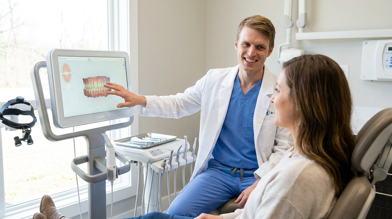 Dr. Andrew Gasior discusses a 3D dental model with Jenna in a bright, modern examination room.