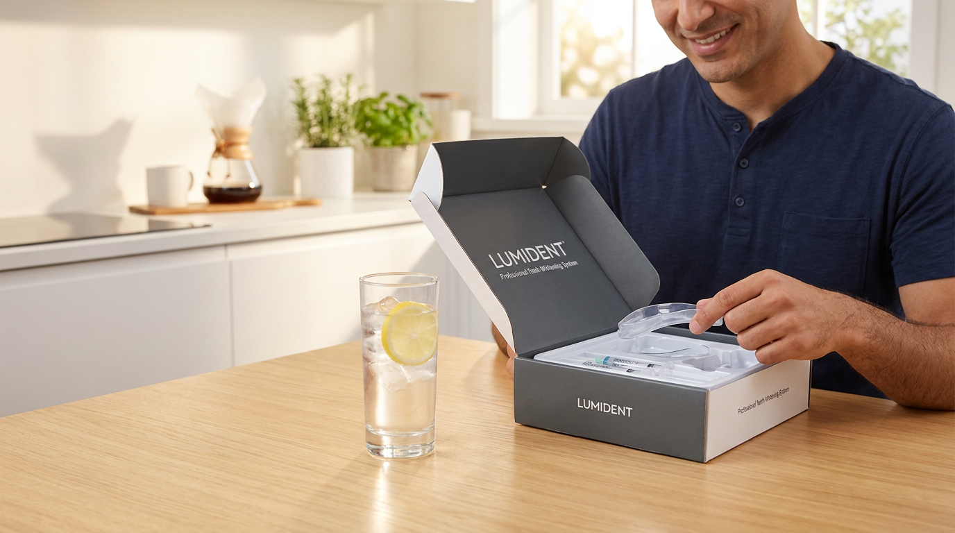 A glass of ice water with a lemon, next to an opened box of take-home teeth whitening trays on a wood table.