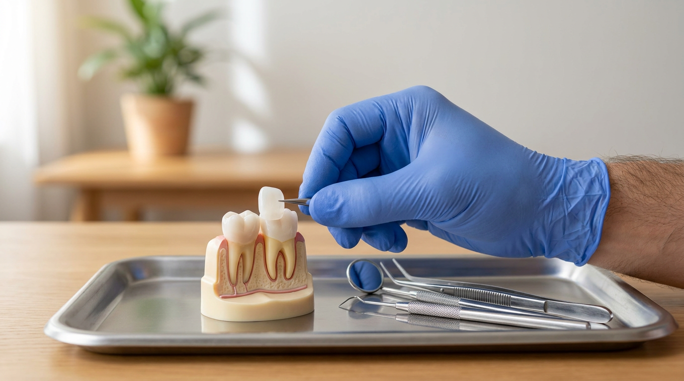 A gloved hand meticulously applies a porcelain veneer to a tooth model, surrounded by precision tools.
