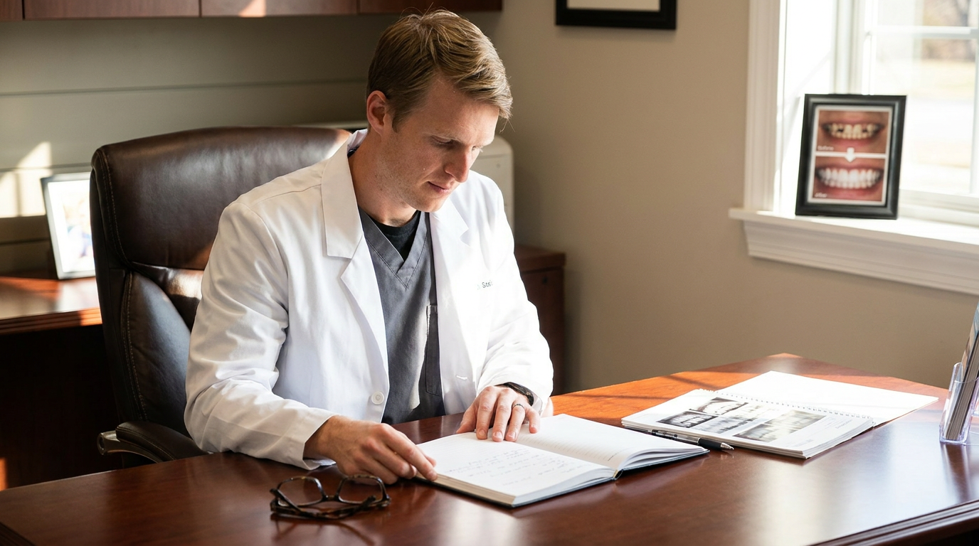 Dental records, an open notebook with reading glasses, and a pen on a polished wood desk.