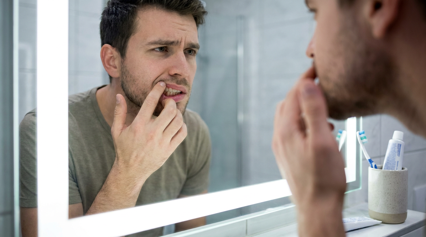 Brian inspects his gumline in a bathroom mirror, a thoughtful expression on his face.