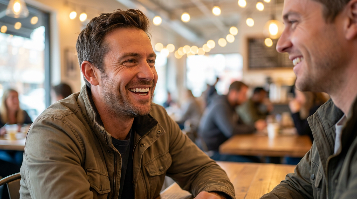 Matthew smiles broadly while conversing animatedly with a friend at a bustling cafe.