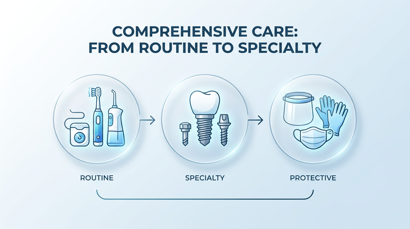 One-phrase callout-style visual: "Comprehensive Care: From Routine to Specialty," featuring minimalist icons representing a cleaning tool, an implant, and protective gear.
