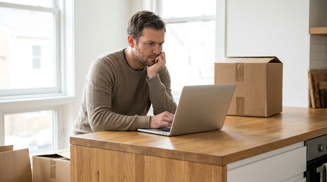 Kevin, sitting at a kitchen island, looking at a laptop with a thoughtful expression, a moving box visible in the background, conveying the weight of a new decision.