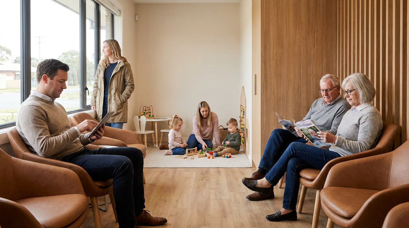 A diverse group of people of varying ages (not focusing on faces), subtly engaged in different activities in a comfortable, modern dental waiting room, showing a family-friendly atmosphere.