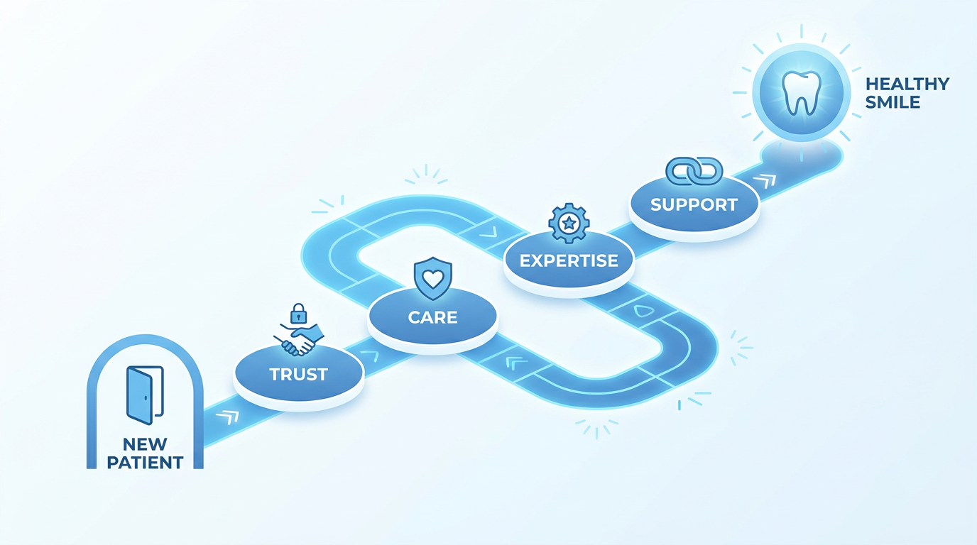 Minimal-text infographic-style visual: A stylized path leading from "New Patient" to "Healthy Smile" with stepping stones labeled "Trust," "Care," "Expertise," "Support."