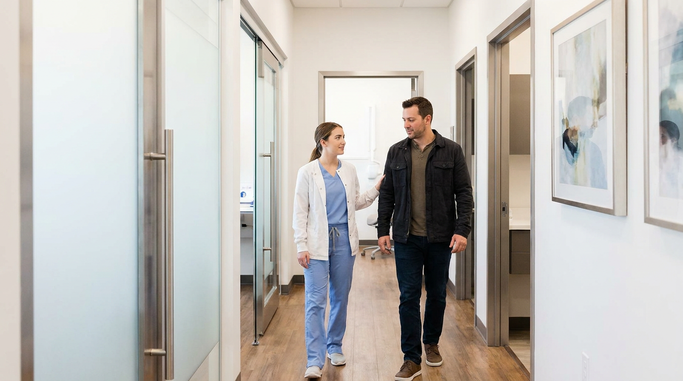 Stephanie, a dental assistant, gently guiding Kevin, through a modern, brightly lit dental office hallway to an exam room.