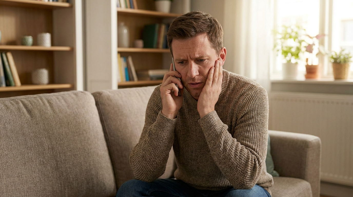 Samuel, sits on his living room couch, leaning forward slightly, talking on his smartphone with a concerned expression.